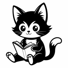 Kitten reading a book art vector illustration