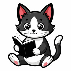 Kitten reading a book art vector illustration
