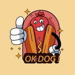 OK Hotdog Mascot Character Illustration Vintage
