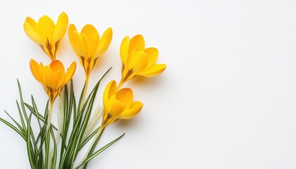 Bright yellow crocus flowers with green leaves against a white background in springtime