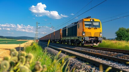 Fototapeta premium Freight trains transit rural boundaries with copy space, covering all objects, deep depth of field.