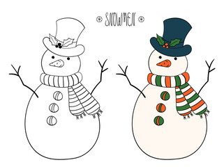 Snowman cute christmas character, vector illustration on christmas, religious theme, coloring book page for kids and coloring example, Merry Christmas.