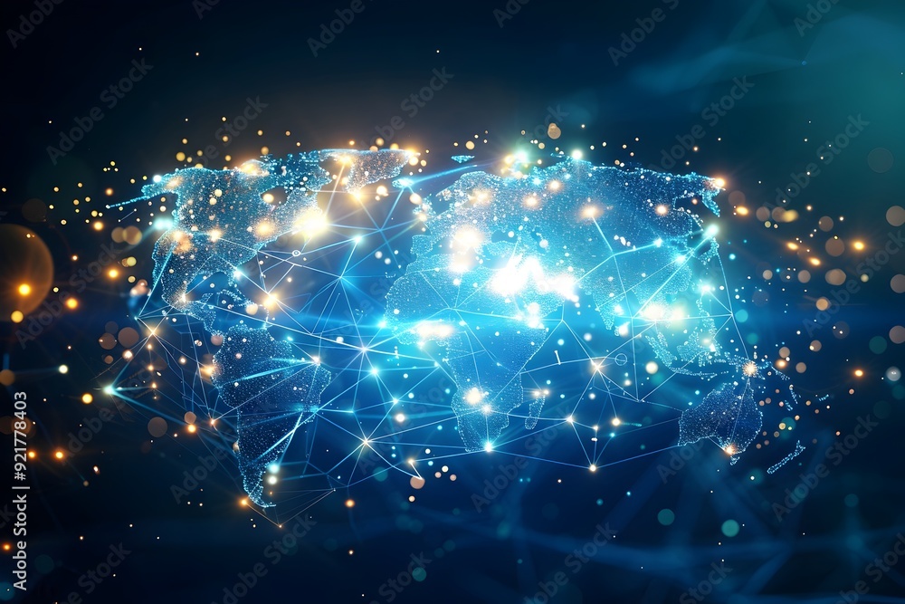 Aufkleber global network connection, digital world map with light effects.