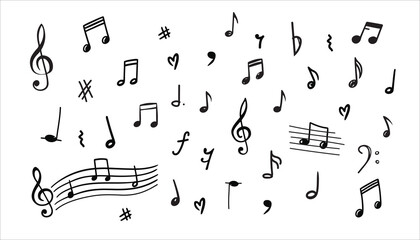 Music notes on a white background. Hand drawn music note. Doodle drawing music symbol sketch. Vector icons 