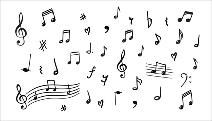 Fotobehang Music notes on a white background. Hand drawn music note. Doodle drawing music symbol sketch. Vector icons  © Jevgeniya Mukhitova