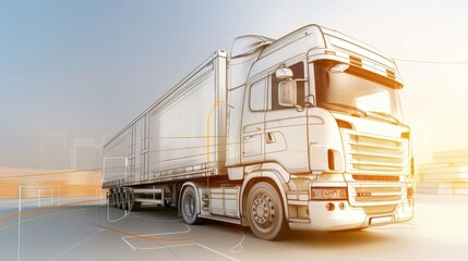 Fototapeta premium Hand-drawn freight truck sketch in transit with copy space, covering all objects, deep depth of field.