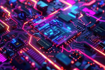 Fototapeta premium A futuristic scene features neon blue glowing cubes and lines, blending into an abstract background that highlights the cutting-edge aesthetics of modern technology.