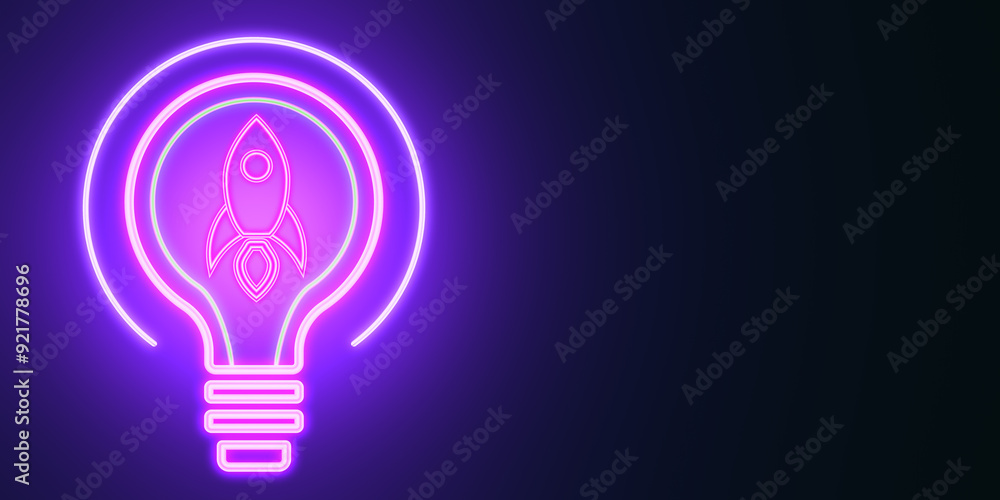 Poster creative neon light bulb with rocket or spaceship icon on purple backdrop with mock up place. startu