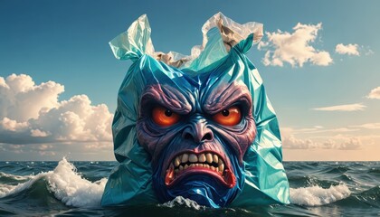 Plastic Pollution Monster in the Ocean.