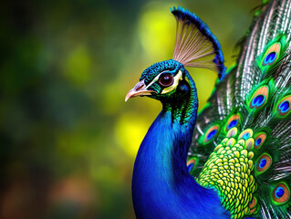 Obraz premium A beautiful blue and green peacock with a large, colorful head. The peacock is standing in a lush green field