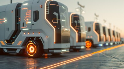 Futuristic logistics vehicles with sleek shapes, copy space, deep depth of field, covering all objects