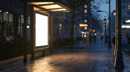 Digital advertising screen at a bus stop in a bustling downtown area with pedestrians. Urban media concept