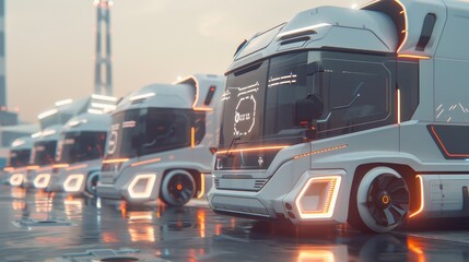 Unique logistics vehicles with innovative shapes, copy space, covering all objects, deep depth of field.