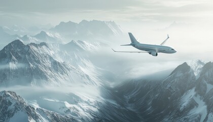 Airplane flying over snow-capped mountains during a cloudy day