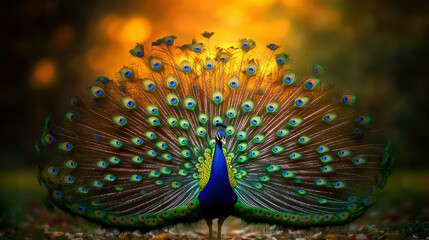 Obraz premium A beautiful peacock with its tail spread out in the foreground. The image has a serene and peaceful mood, as the bird is standing in a natural setting