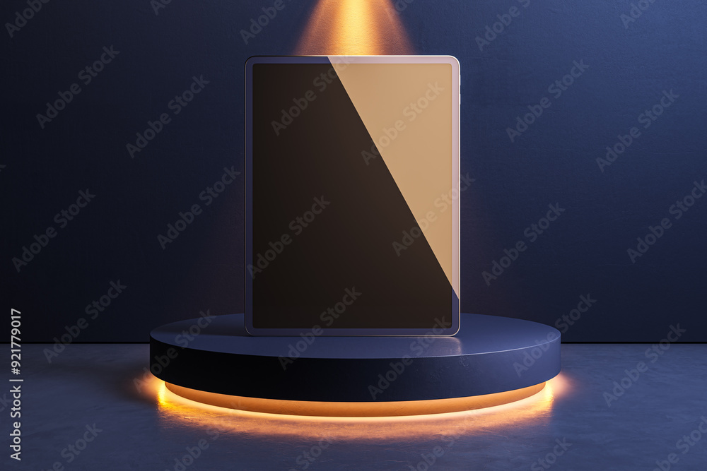 Poster Empty white screen placed on illuminated round podium on dark concrete wall background. Mock up, 3D Rendering.