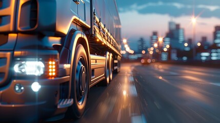 Logistic fleet transporting goods in cityscape, vehicles, supplies, and cargo with copy space, covering all objects, deep depth of field.