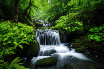 Obraz premium A beautiful waterfall surrounded by lush green trees. The water is crystal clear and the trees are full of life. The scene is peaceful and serene, and it's a perfect place to escape the hustle