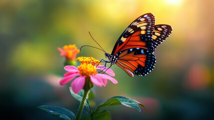 A butterfly is sitting on a pink flower. The butterfly is orange and black