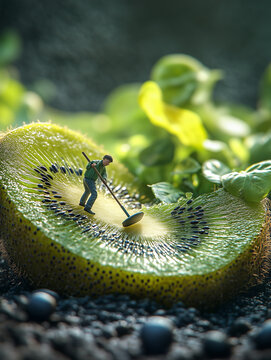 Miniature landscape of people harvesting kiwifruit