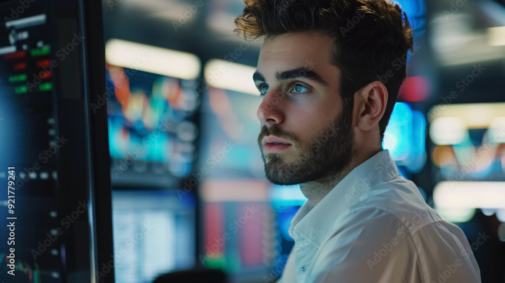 Aufkleber young stock exchange trader working in office: a young stock exchange trader