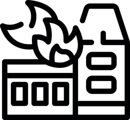 Line art icon of a fire burning on top of a building, representing a potential industrial accident