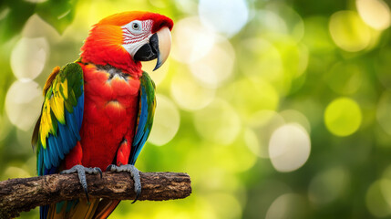 Obraz premium A colorful parrot is perched on a branch in a lush green forest. The bird's vibrant colors and the surrounding greenery create a sense of tranquility and natural beauty