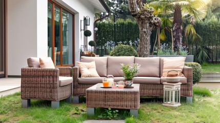 Fototapeta premium Tranquil patio setting with comfortable furniture, promoting ease, tranquility, and deep depth of field, with copy space.