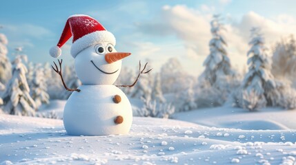 Fototapeta premium A cheerful snowman with a red Santa hat stands in a snowy landscape, surrounded by snow-covered trees under a bright sky.