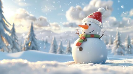 Fototapeta premium A cheerful snowman with a colorful scarf and red hat stands in a snowy landscape, surrounded by snow-covered trees under a bright, cloudy sky.