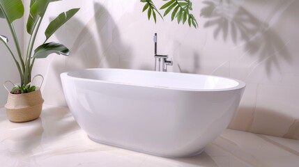 Serene bathtub scene with comfort, ease, tranquility, copy space, and deep focus on objects.