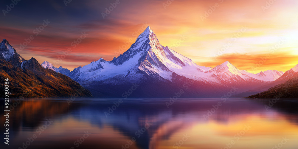 Poster a mountain range with a large mountain in the background and a lake in the foreground. the sky is or