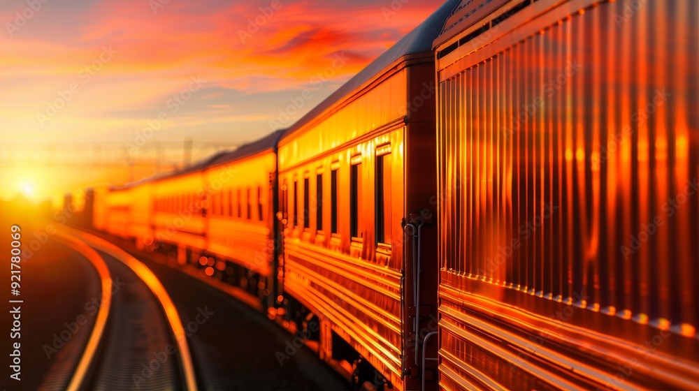 Wall mural silhouette of cargo containers on moving train, copy space, deep depth of field, focus on all object