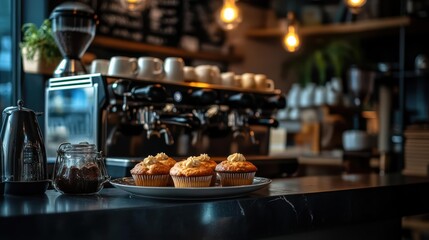 A cozy coffee shop with a warm ambiance, featuring a plate of freshly baked muffins on the counter, with a coffee machine and cups in the background.