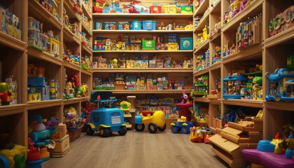 Colorful toy store with wooden shelves filled with various children's toys