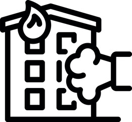 Firefighter is using a fire hose to extinguish a fire burning on the roof of a residential building