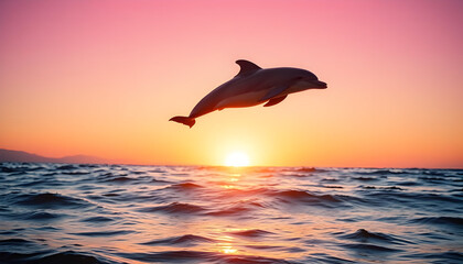 Dolphin Pod Jumping Out of Water at Sunset.
