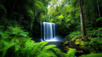 A waterfall is flowing into a pond in a lush green forest. The water is clear and the trees are tall and green. The scene is peaceful and serene