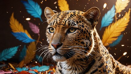 Leopard with Colorful Feathers.