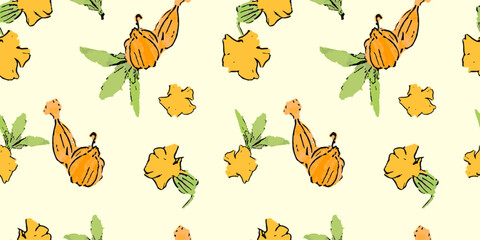 Autumn Physalis Flower or Chinese Lantern Seamless Pattern. Cute Floral seasonal background. Plant background for fashion, wallpapers, print. Trendy floral design