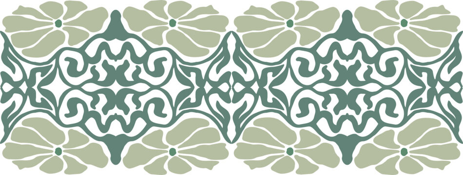 Art Nouveau pattern. Groovy Floral seamless border in Matisse vibes. Trendy Naive Floral Vector Background in 1970s. Can be used for Print on fabric, wrapping paper, wallpaper.
