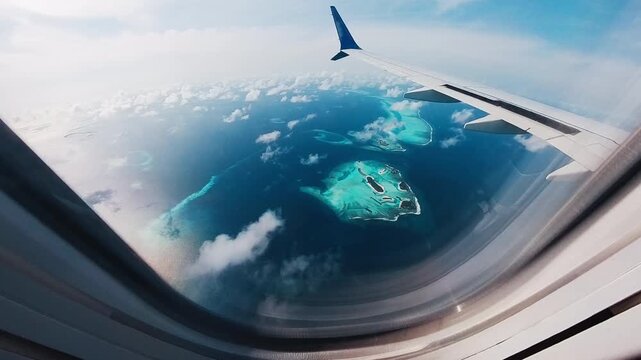 Airplane flies over the islands in the Maldives