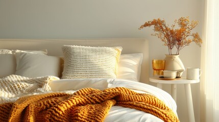 Tranquil bedroom with soft textures, comfort, ease, deep depth of field, cover all objects, copy space.