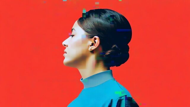 Woman in blue top against vivid red background. Profile view shows gradual pixelation effect from front to back, illustrating digital transformation. Sleek hairstyle complements futuristic aesthetic.	