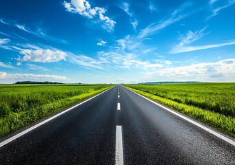 Fototapeta premium A long, straight asphalt road stretches into the distance, bordered by lush green grass under a blue sky with white clouds.