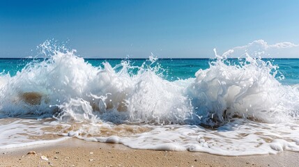 Fototapeta premium Vibrant, wave crashing on shaded beach with contrast, movement, copy space, deep focus.