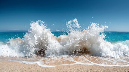 Fototapeta premium Vibrant, contrasting waves crash on shaded beach with movement, copy space, deep depth of field.