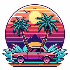 Palm trees sunset sea car sticker vector illustration