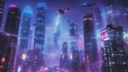 Fototapeta premium Futuristic Cityscape with Flying Vehicles