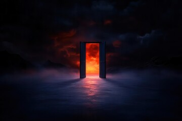 A mysterious door stands in a foggy landscape, lit by an otherworldly glow, inviting exploration into the unknown.